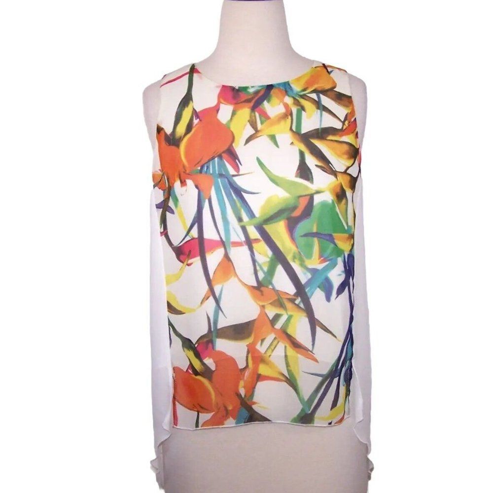 Bali Shirt Top Small White Floral Chiffon Flowy Slit Back Sleeveless Layered
